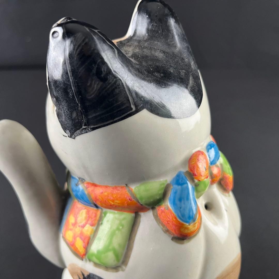 大正時代　手塗り色絵　可愛い招き猫　招福　縁起物　陶器　置物　25センチ