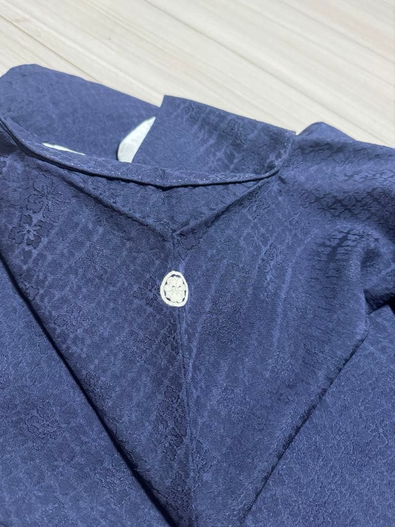 【しつけ付き】紋付色無地　帯セット　紺色　灰色　正絹着物