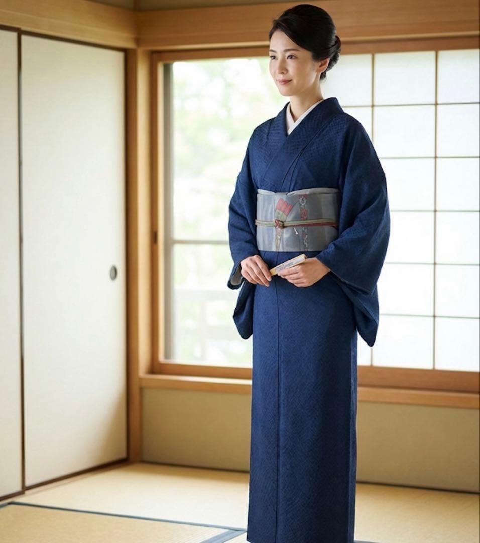 【しつけ付き】紋付色無地　帯セット　紺色　灰色　正絹着物