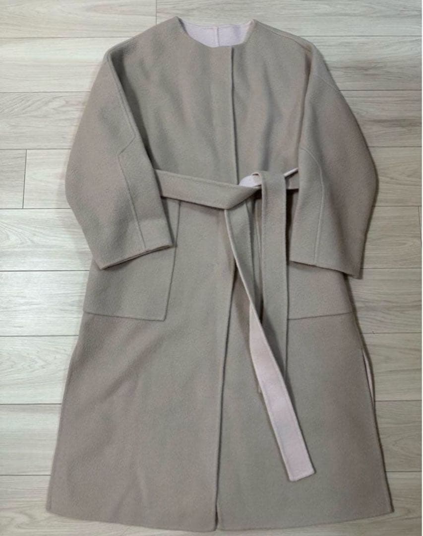 フレイアイディー　ウールカシミアバイカラーリバーコート　ベージュ　ピンク