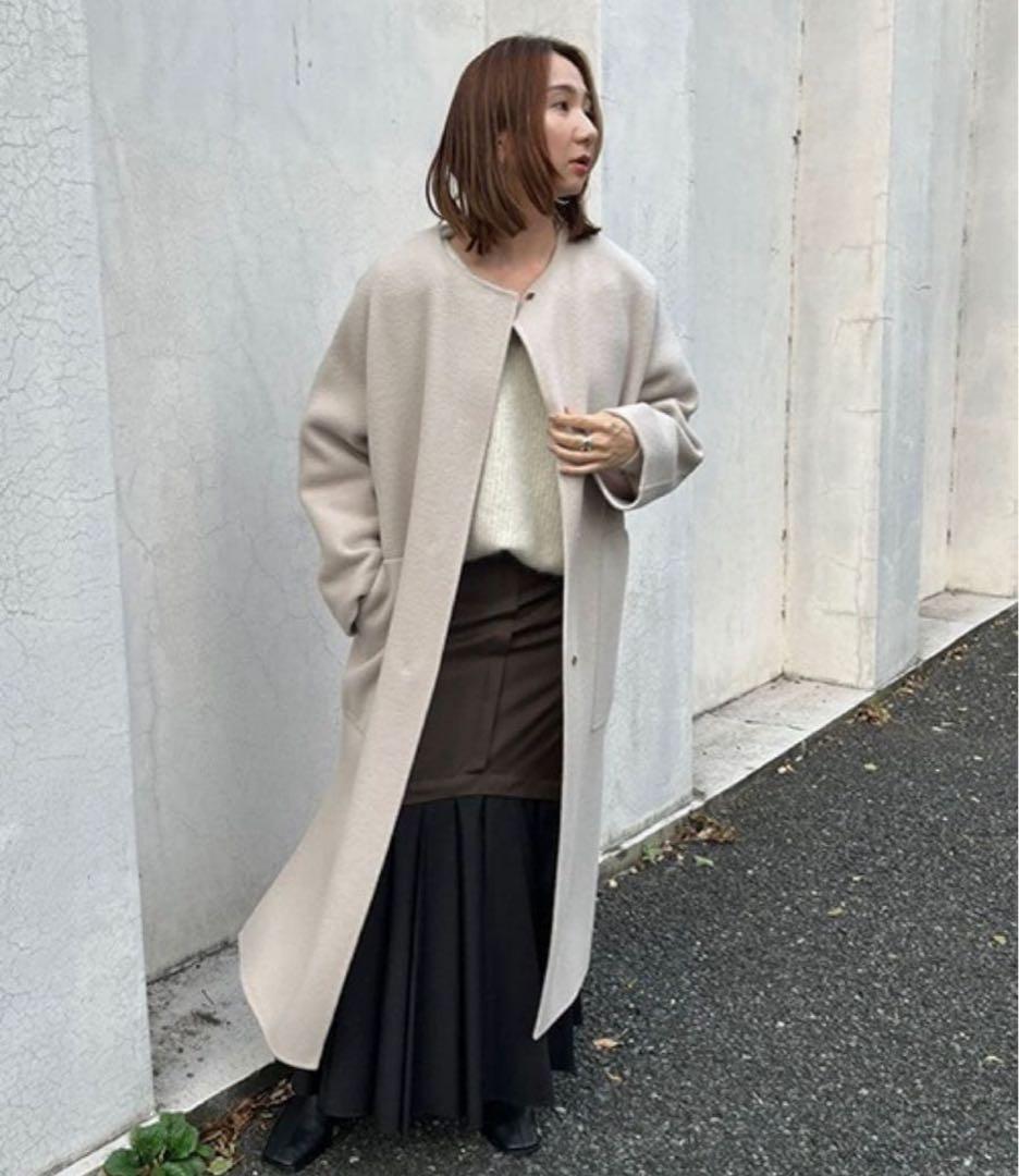 フレイアイディー　ウールカシミアバイカラーリバーコート　ベージュ　ピンク