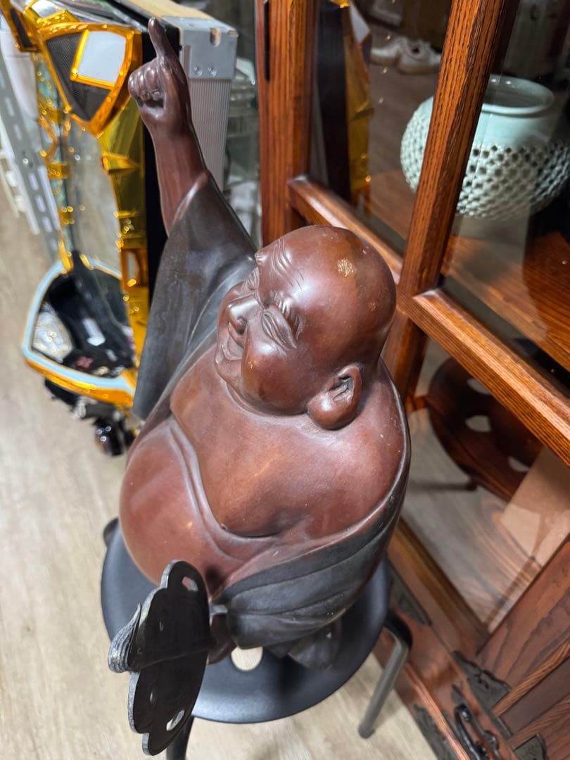 【昭和レトロ・布袋様像】重厚・木彫／銅製 縁起物 約9.5kg