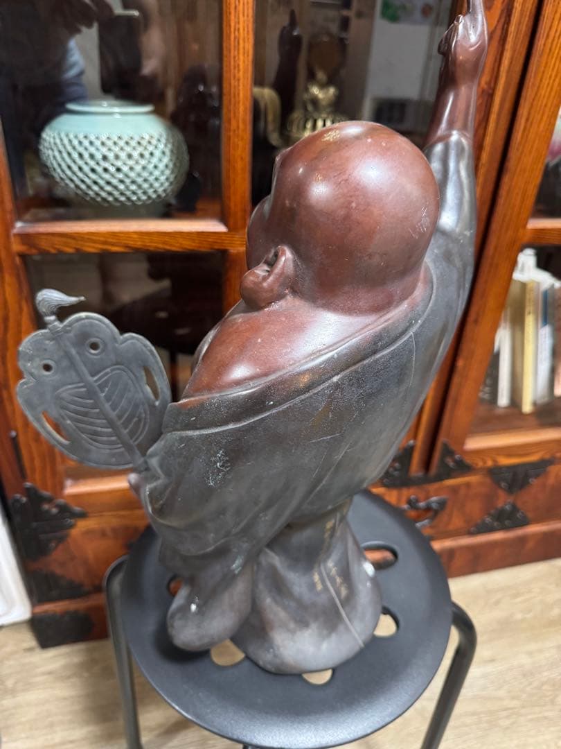 【昭和レトロ・布袋様像】重厚・木彫／銅製 縁起物 約9.5kg