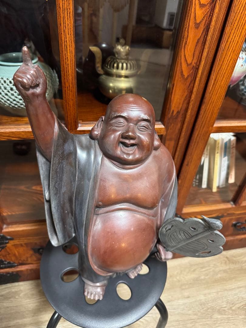 【昭和レトロ・布袋様像】重厚・木彫／銅製 縁起物 約9.5kg