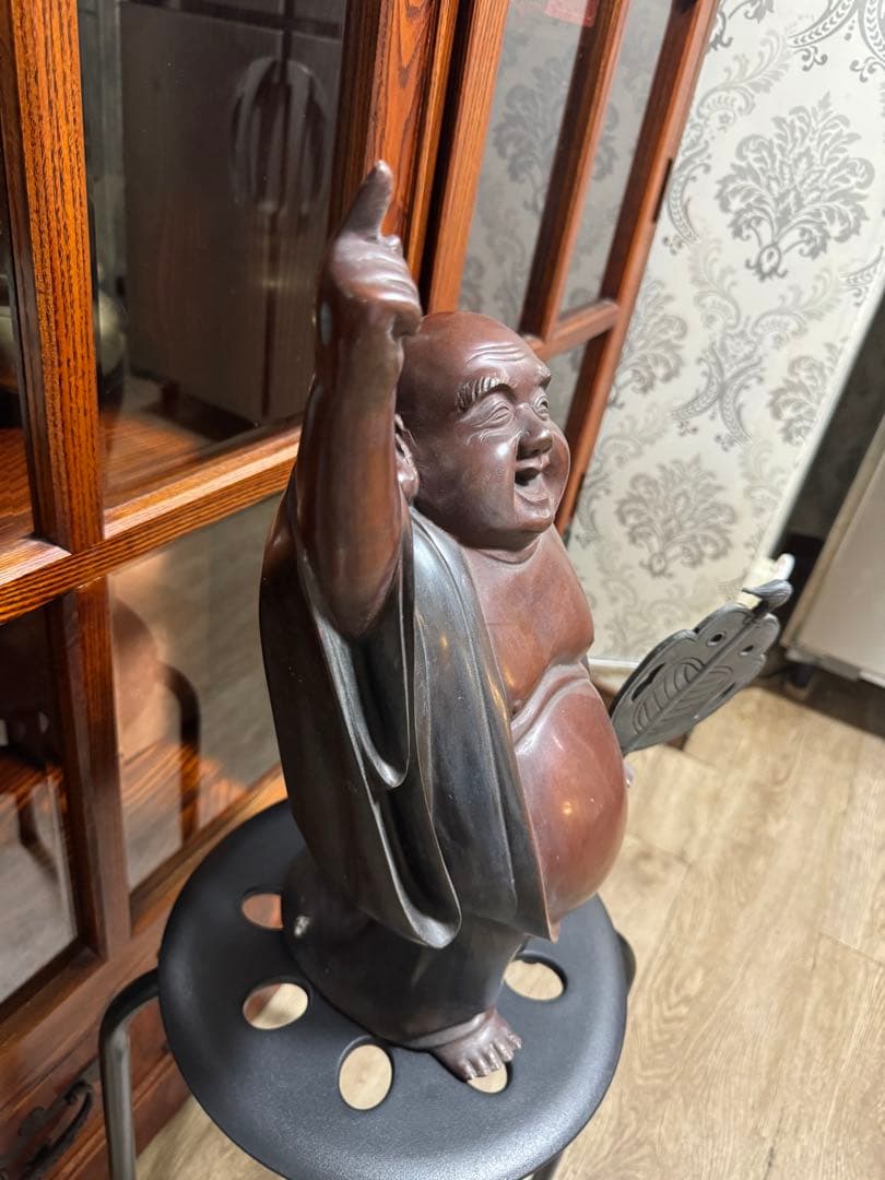 【昭和レトロ・布袋様像】重厚・木彫／銅製 縁起物 約9.5kg