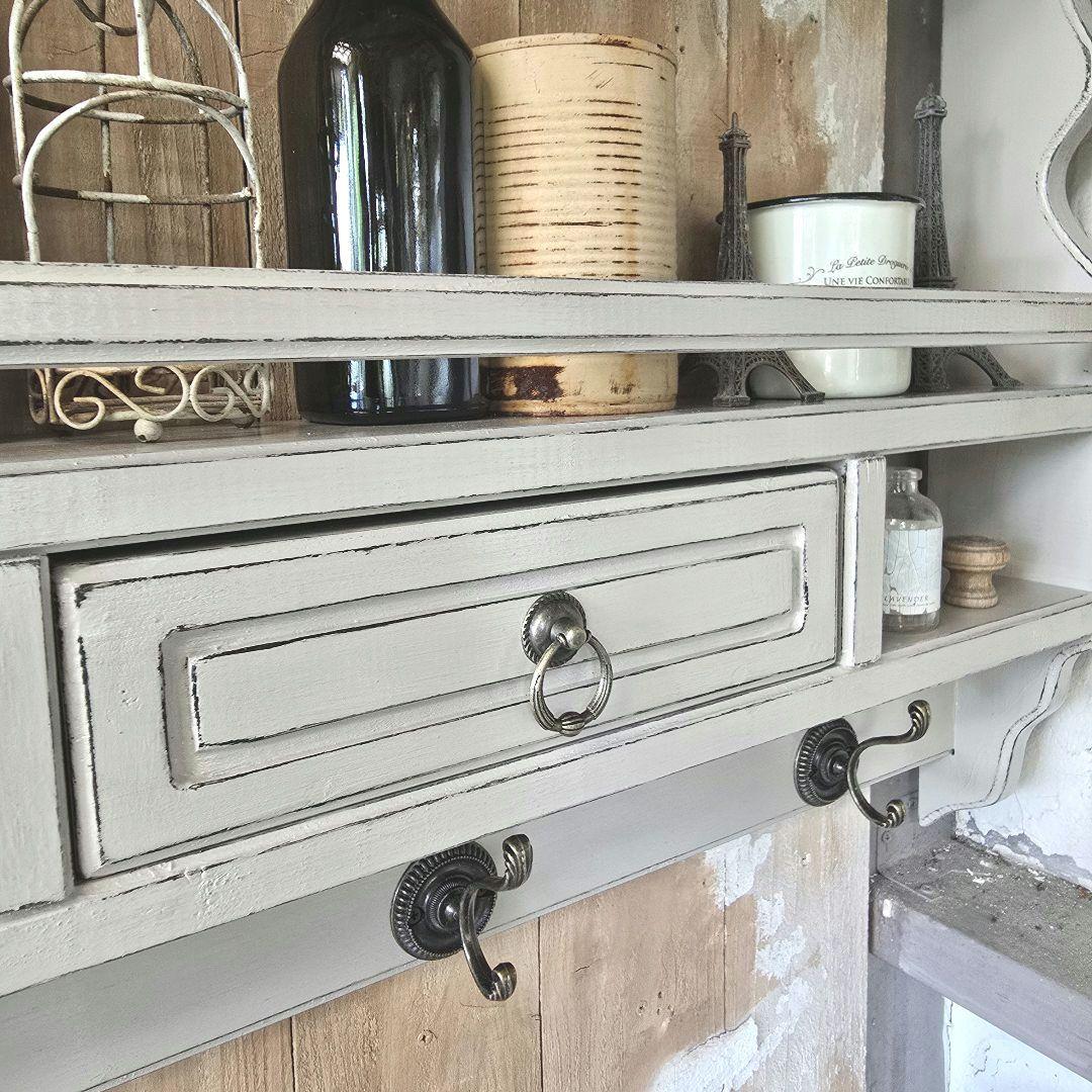 フレンチアンティークシャビー壁掛けシェルフ　ワイド700 モール 引き出し