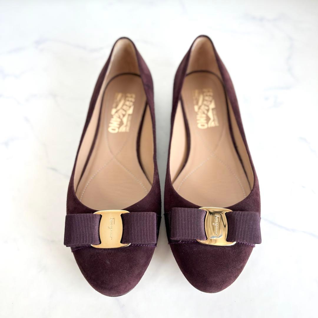 美品 フェラガモ 6 1/2 ヴァリナ ヴァラリボン フラットパンプス ブラウン