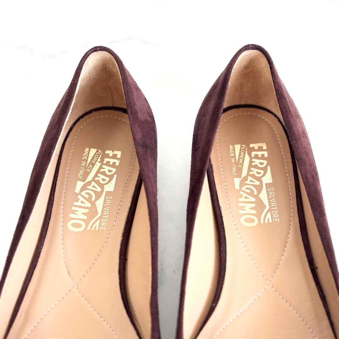 美品 フェラガモ 6 1/2 ヴァリナ ヴァラリボン フラットパンプス ブラウン