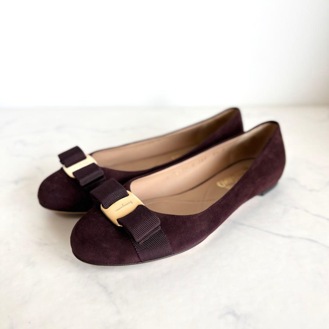 美品 フェラガモ 6 1/2 ヴァリナ ヴァラリボン フラットパンプス ブラウン