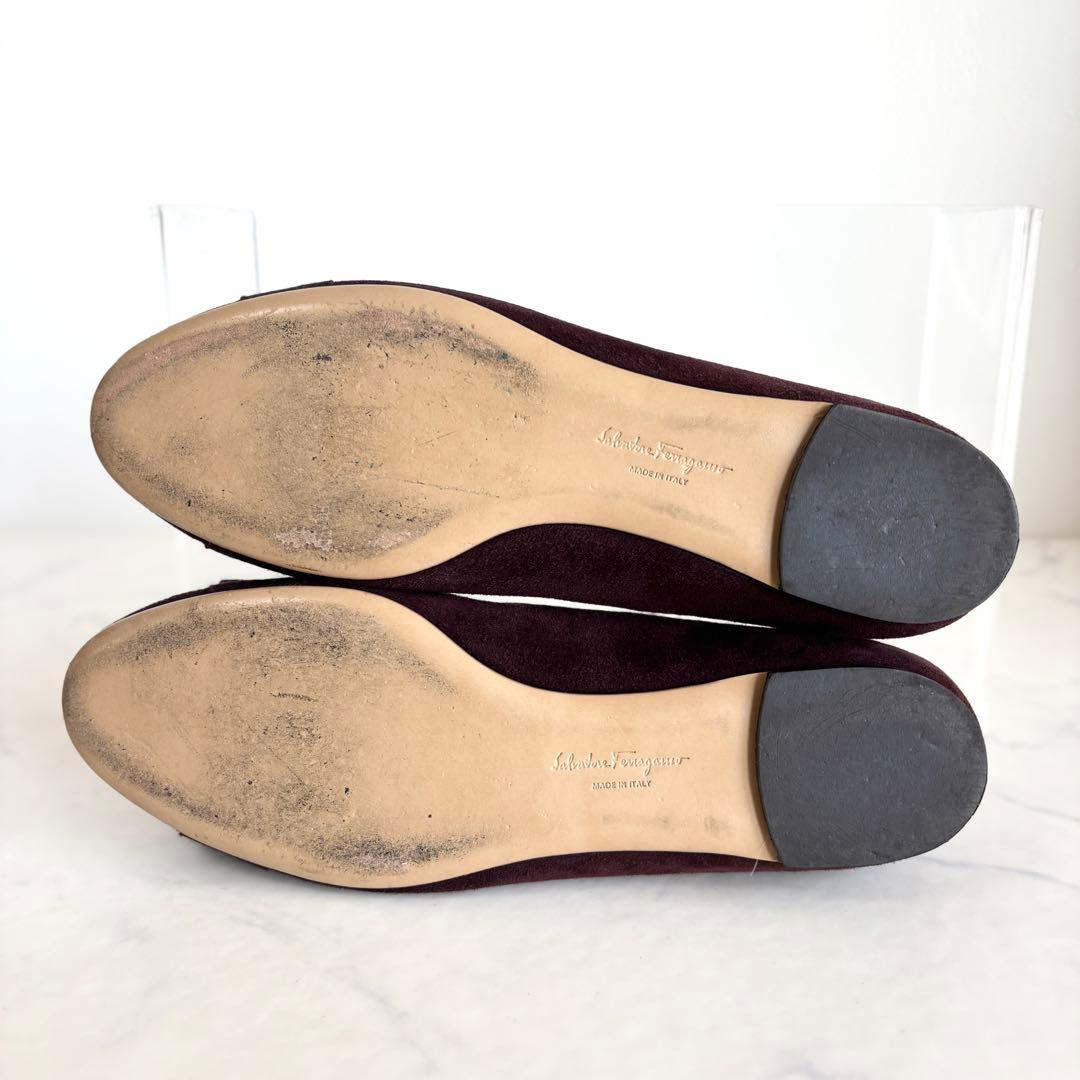美品 フェラガモ 6 1/2 ヴァリナ ヴァラリボン フラットパンプス ブラウン
