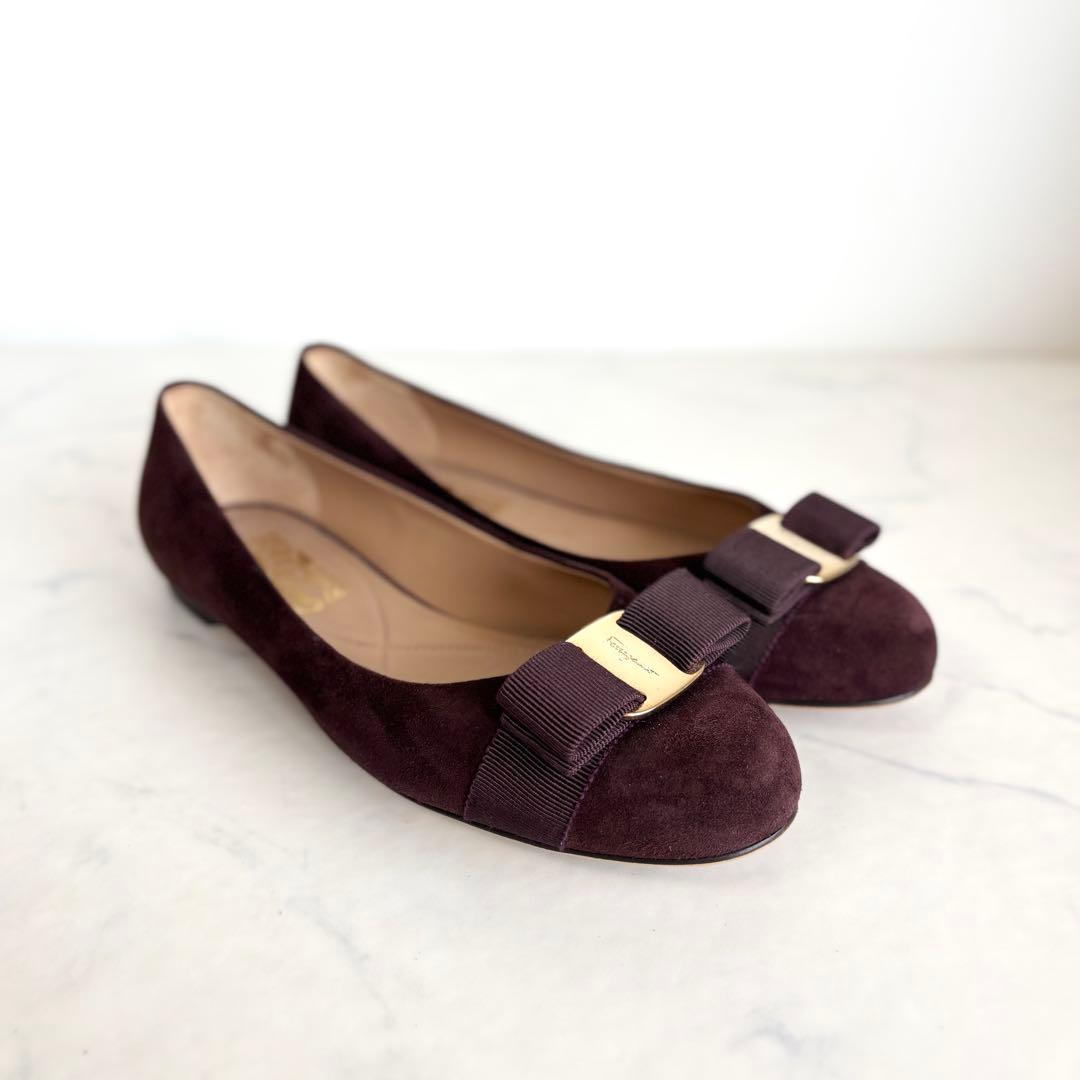 美品 フェラガモ 6 1/2 ヴァリナ ヴァラリボン フラットパンプス ブラウン