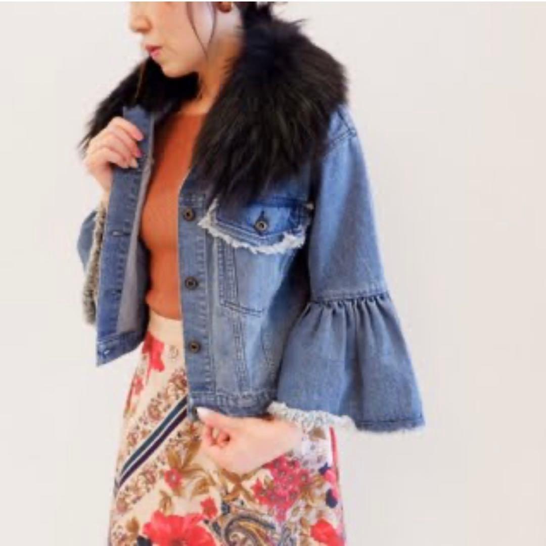 完売品 未使用、Adonisis ラクーンファーカラー デニムジャケット