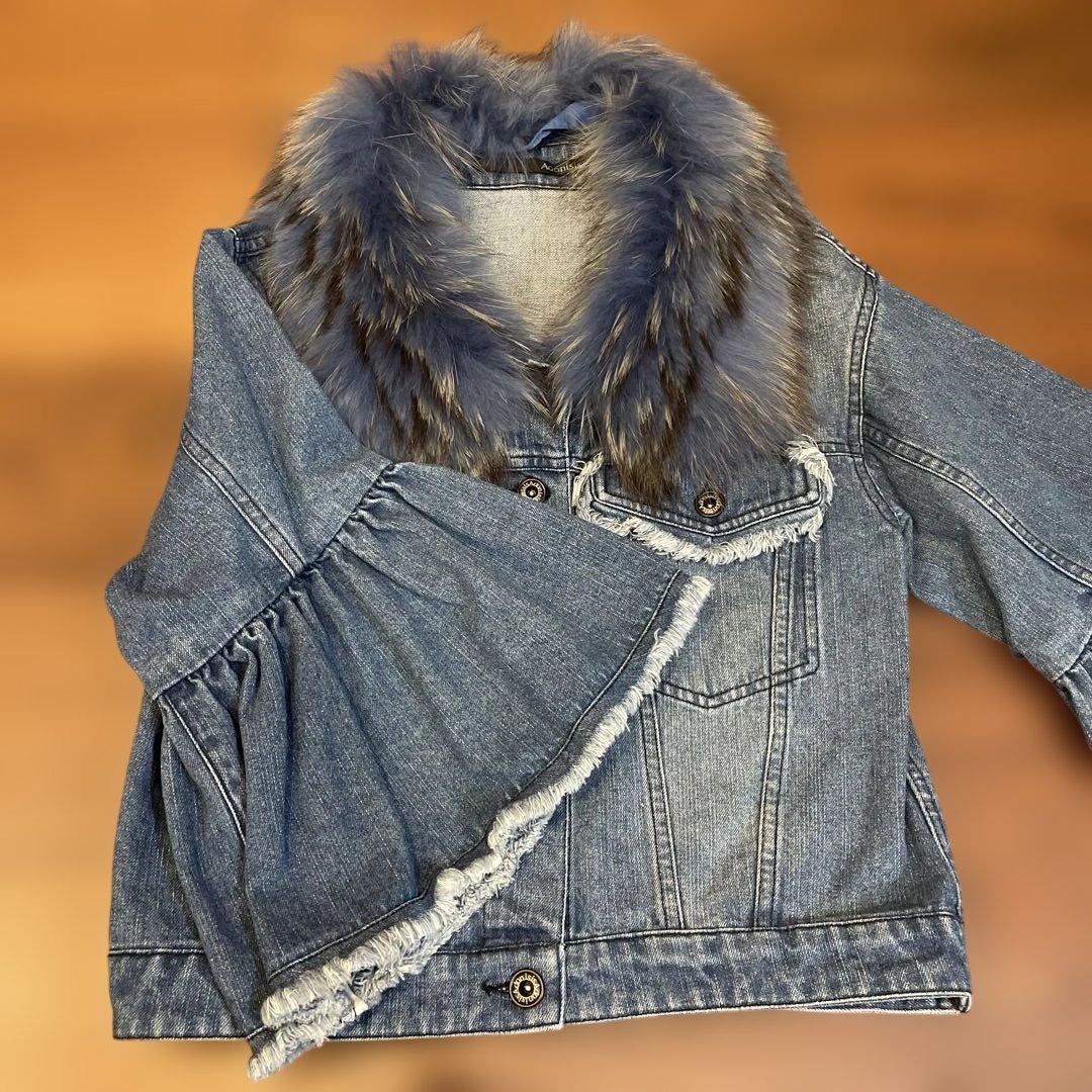 完売品 未使用、Adonisis ラクーンファーカラー デニムジャケット