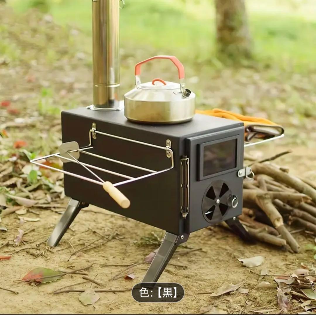 薪ストーブ アウトドア調理 暖炉 キャンプ テント 煙突付き (ブラック/鉄製)