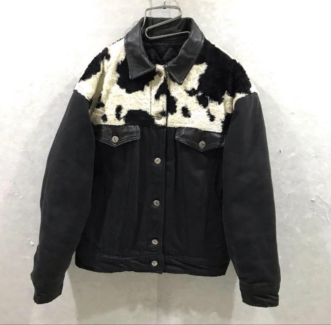 Valentino カウ柄 ファー レザー デニムジャケット 短丈 黒 34