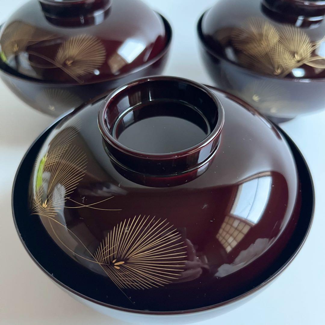 未使用【越前漆器　御吸物椀】×3客　天然木製　漆 共箱　御雑煮椀　飛花吸物椀