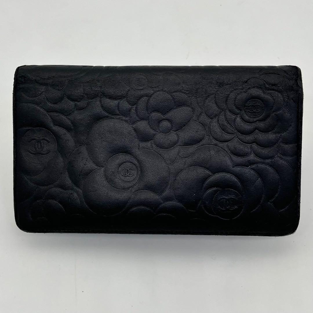 CHANEL 長財布 ココマーク カメリア フラワーエンボス ブラック レザー