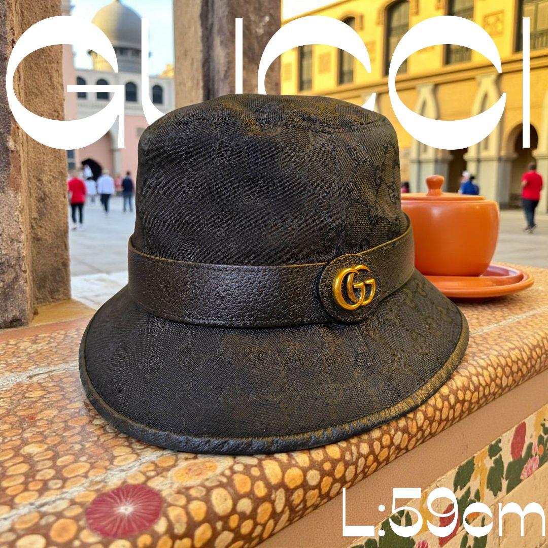 美品✨GUCCI バケットハット GGマーモント キャンバス レザー グッチ 黒