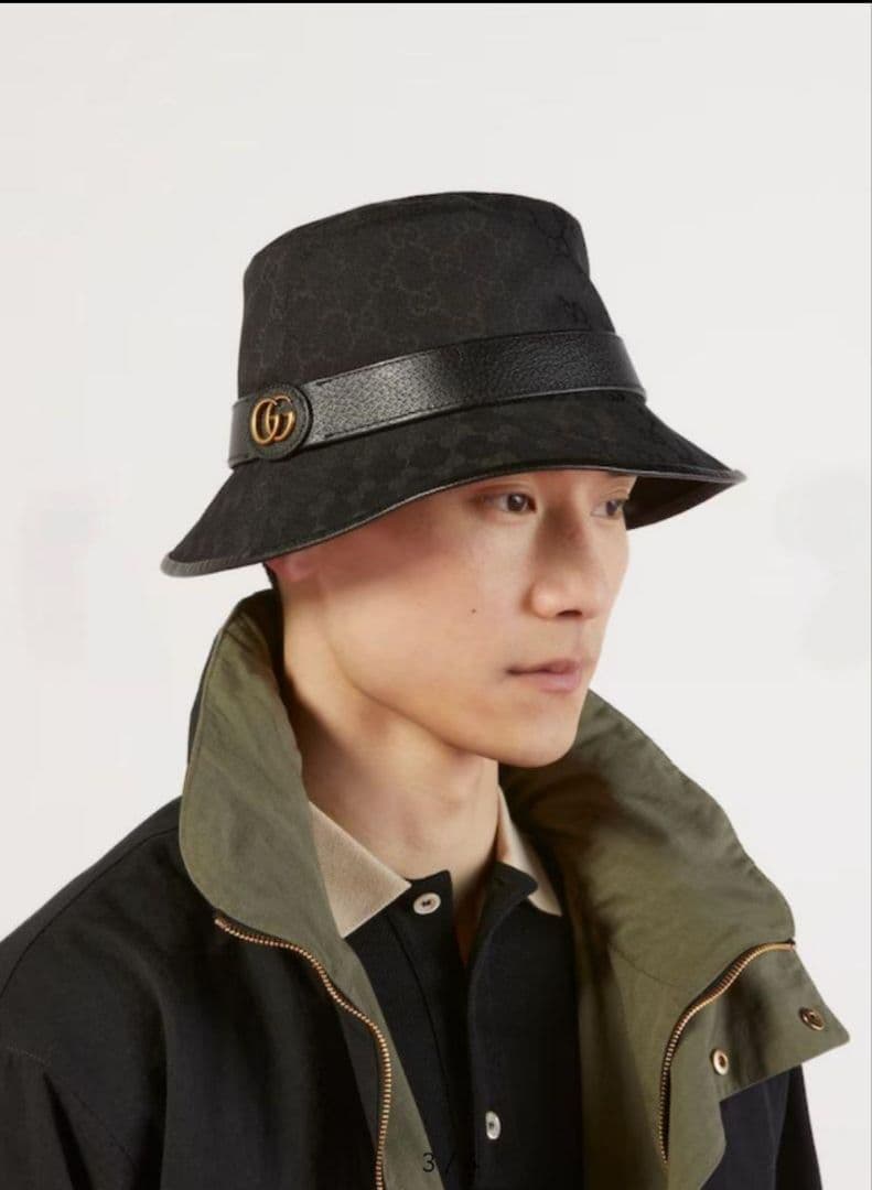 美品✨GUCCI バケットハット GGマーモント キャンバス レザー グッチ 黒