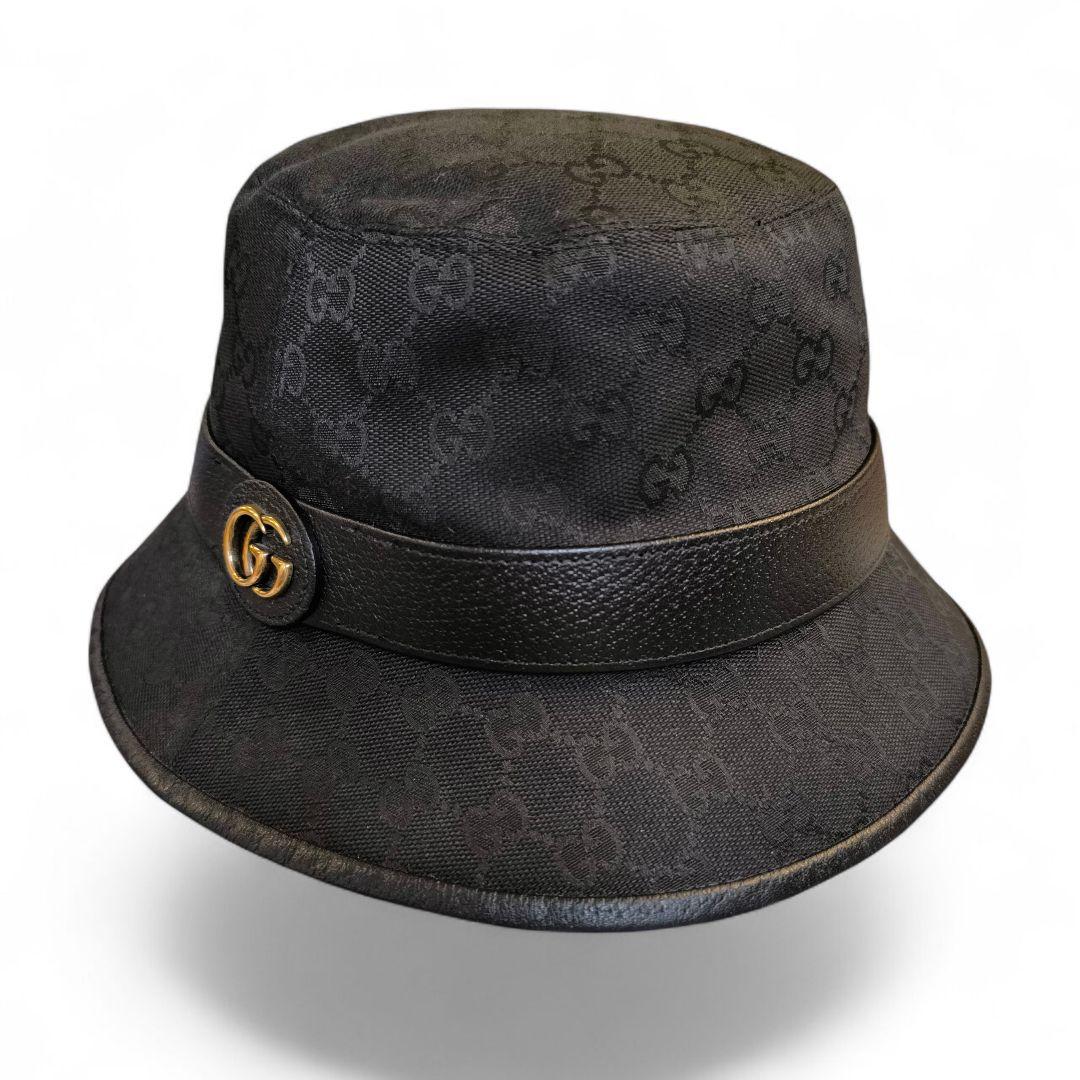 美品✨GUCCI バケットハット GGマーモント キャンバス レザー グッチ 黒