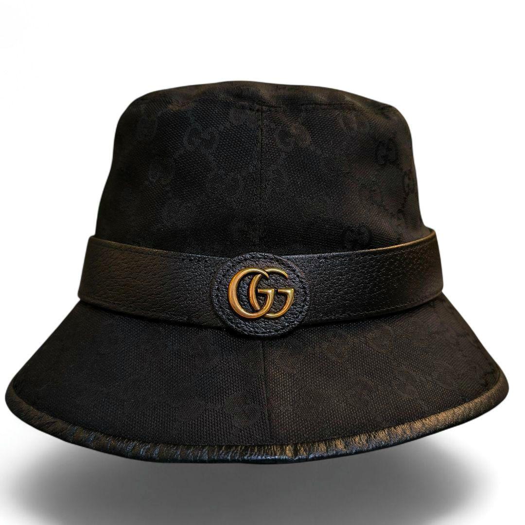 美品✨GUCCI バケットハット GGマーモント キャンバス レザー グッチ 黒