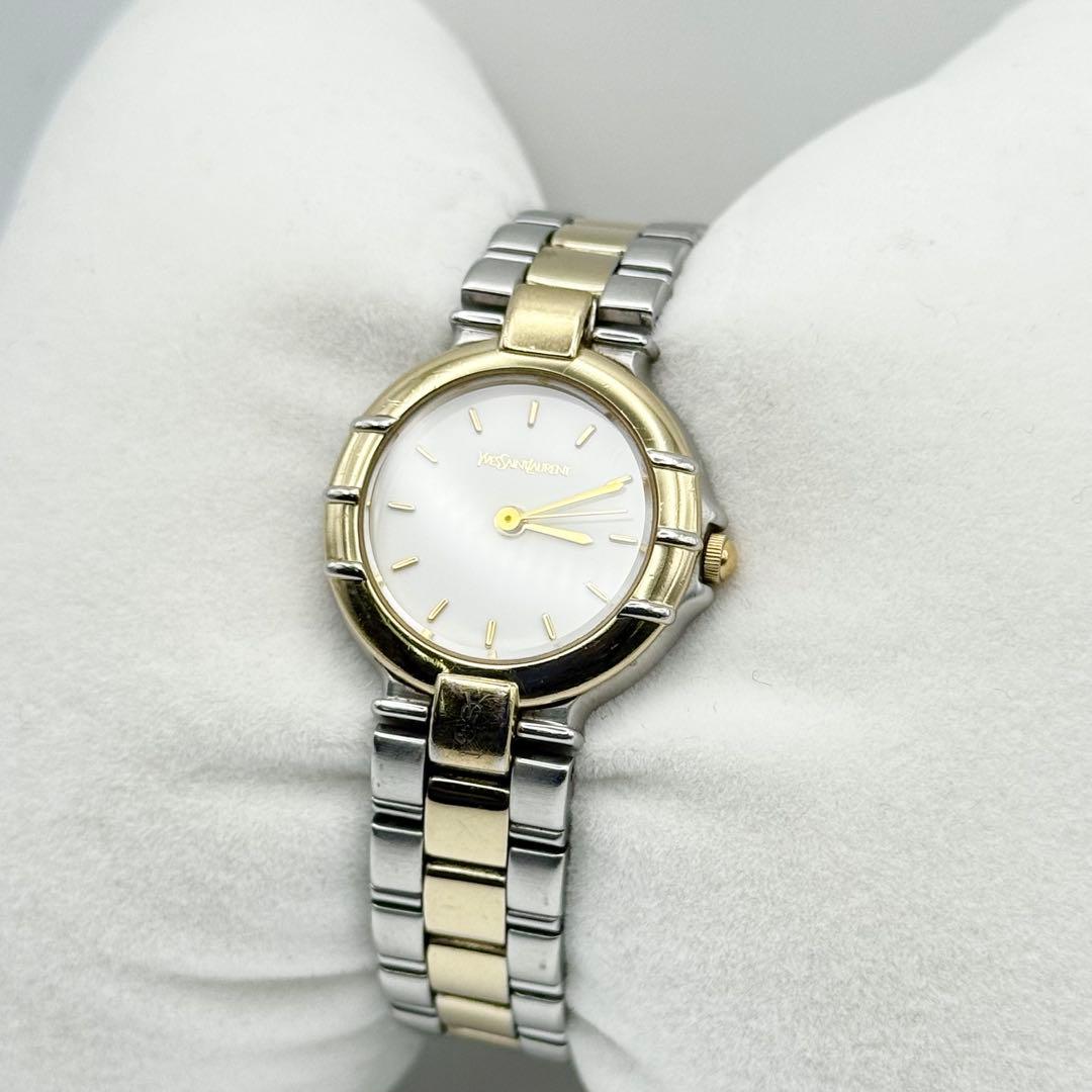 ✨新品電池・稼働✨ サンローラン 腕時計 クォーツ ラウンド コンビ 三針時計