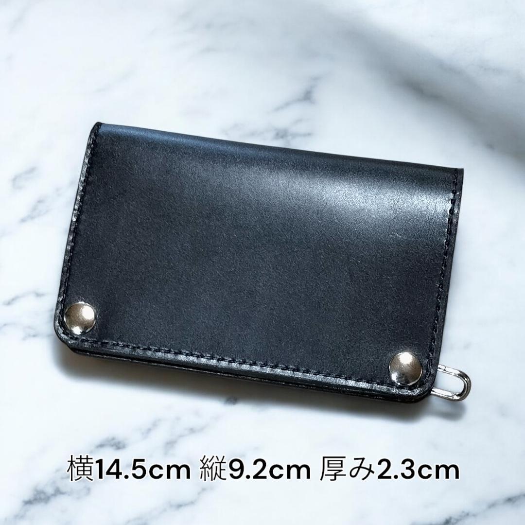 栃木レザー　オイルレザー黒　札入れ付きミドルトラッカーウォレット　金具シルバー色