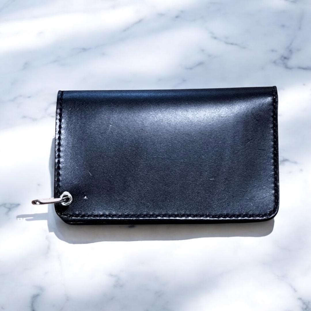 栃木レザー　オイルレザー黒　札入れ付きミドルトラッカーウォレット　金具シルバー色