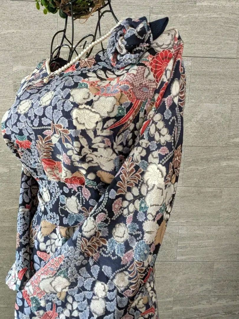 A267着物リメイク辻が花柄Aラインワンピース★リボン・ブローチ