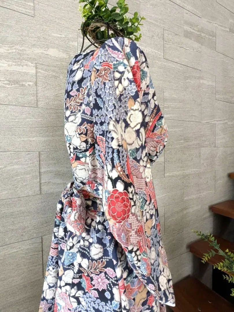 A267着物リメイク辻が花柄Aラインワンピース★リボン・ブローチ