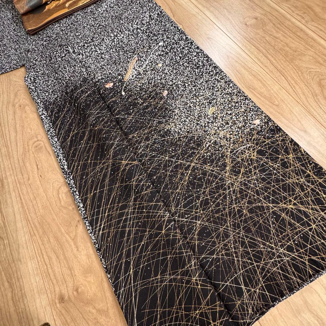 超美品　正絹　袷　訪問着　着物　帯揚げ　帯締め　袋帯　4点　152裄65 黒　白