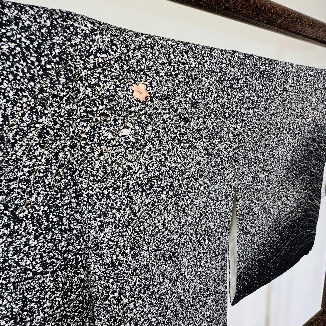 超美品　正絹　袷　訪問着　着物　帯揚げ　帯締め　袋帯　4点　152裄65 黒　白