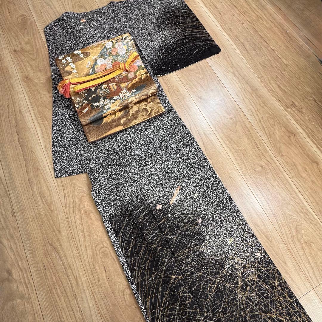 超美品　正絹　袷　訪問着　着物　帯揚げ　帯締め　袋帯　4点　152裄65 黒　白