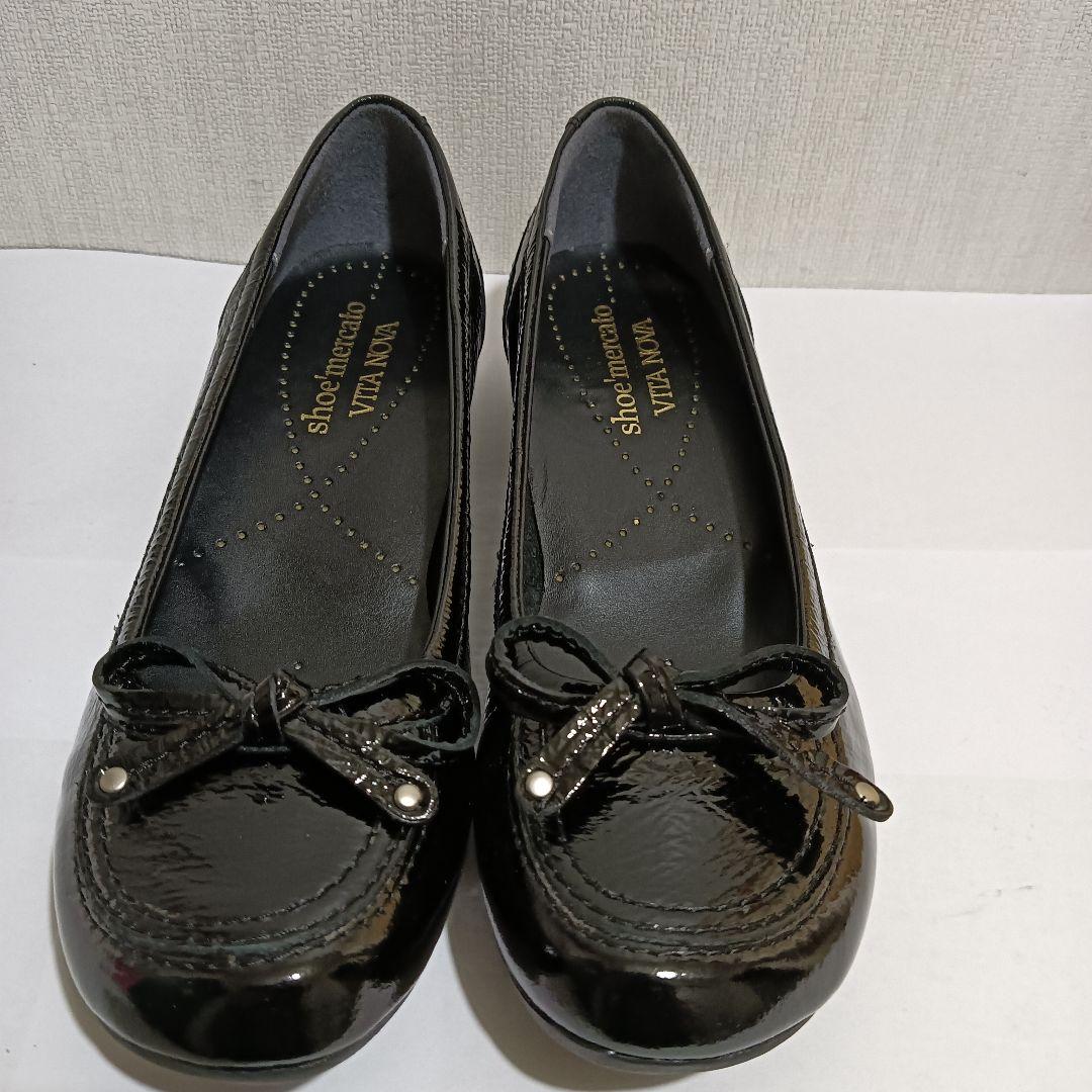 shoe'mercato VITA NOVA　リボン付パンプス ブラックエナメル