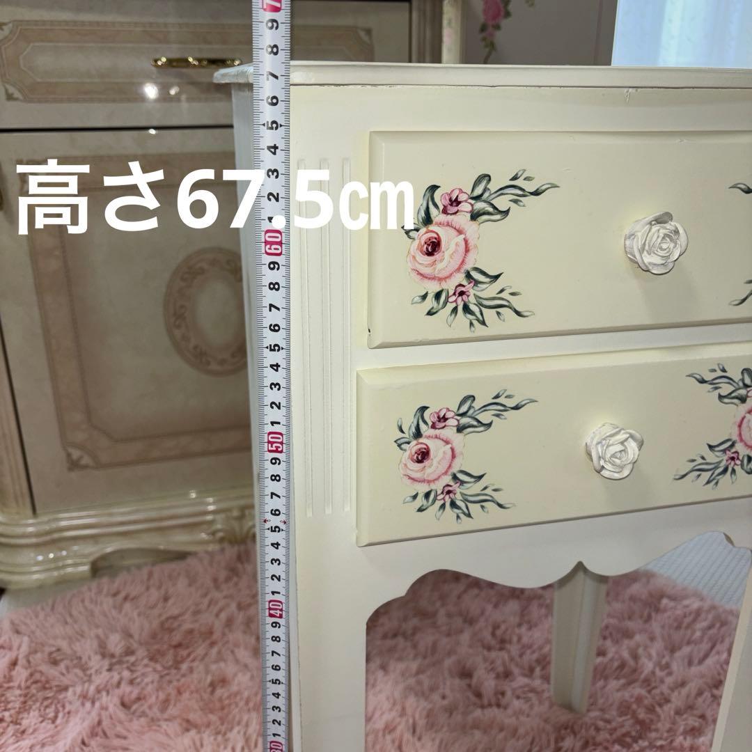 ロココ調　サイドテーブル　2段チェスト　薔薇　白家具　ハンドペイント　木製