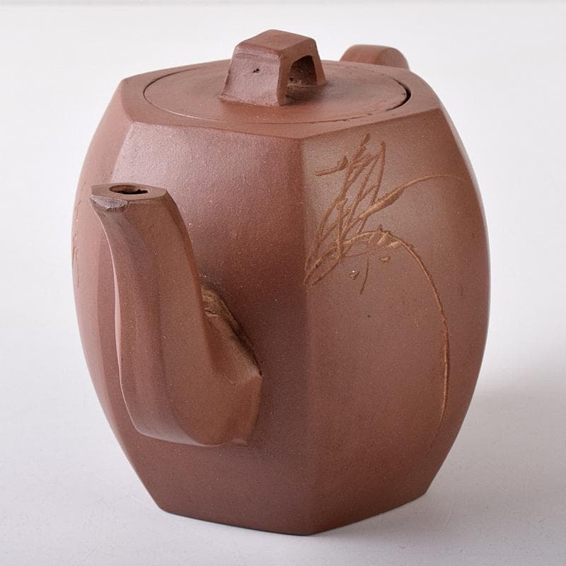 中国　小六方　紫砂　朱泥　漢詩草文　六角急須　茶壷　V　R8293