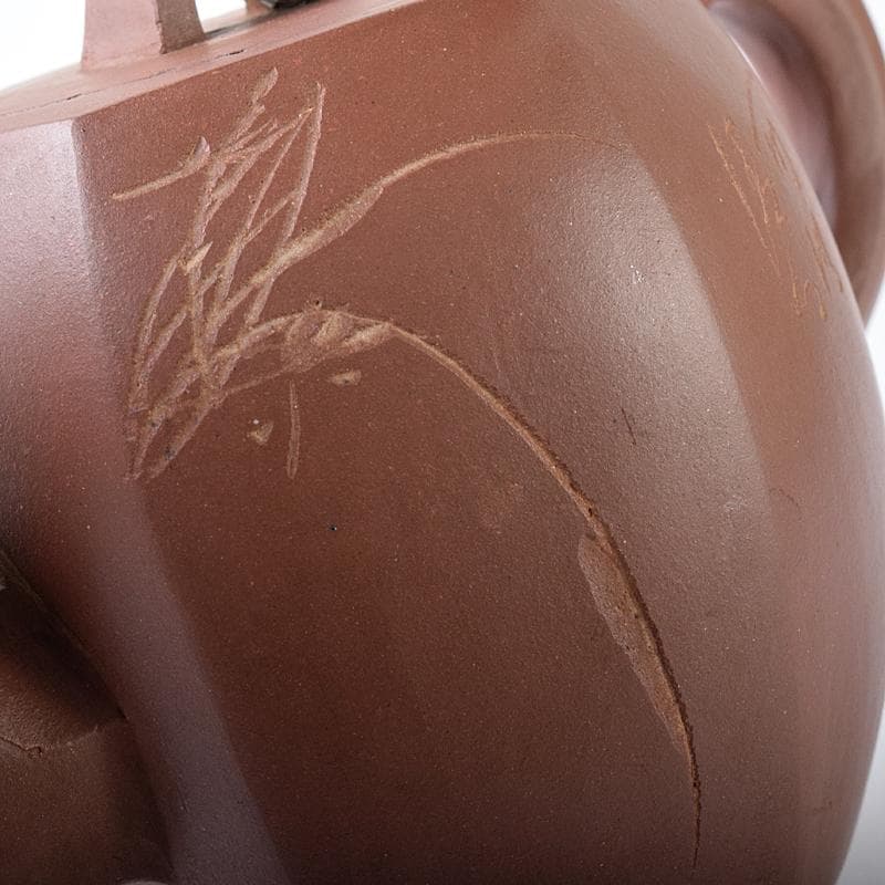 中国　小六方　紫砂　朱泥　漢詩草文　六角急須　茶壷　V　R8293