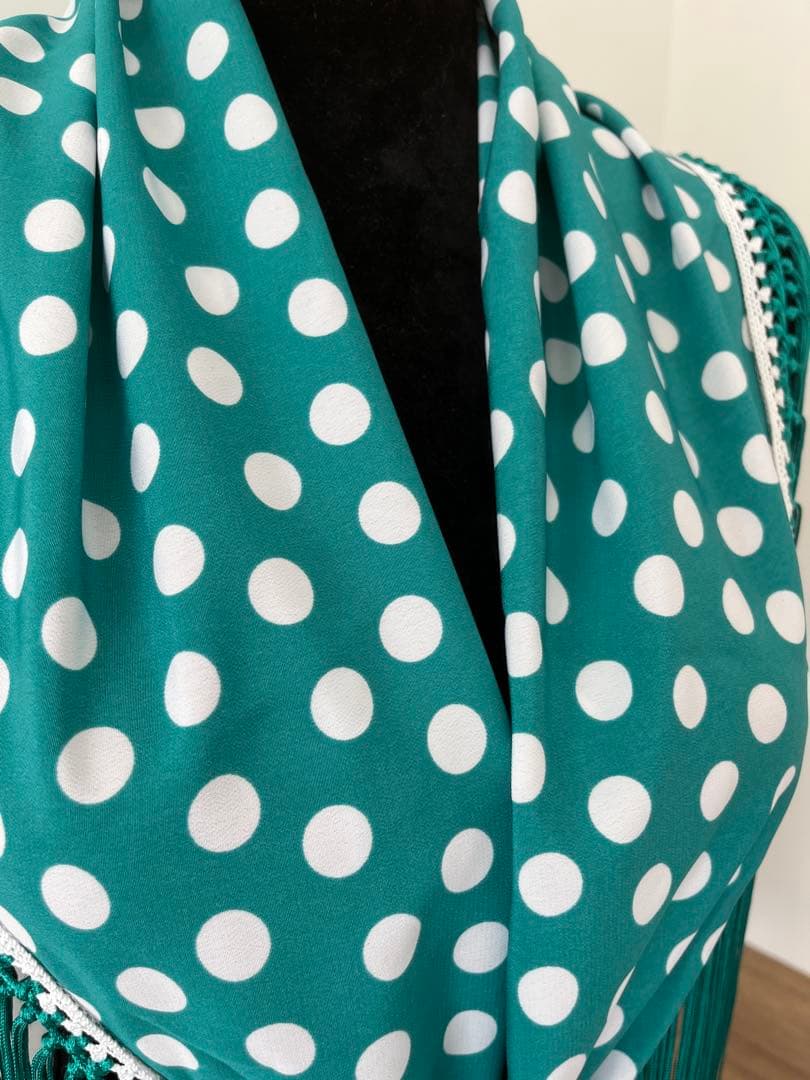 フラメンコ マントンシージョ ブルーグリーンxホワイト水玉　ブルーグリーンフレコ