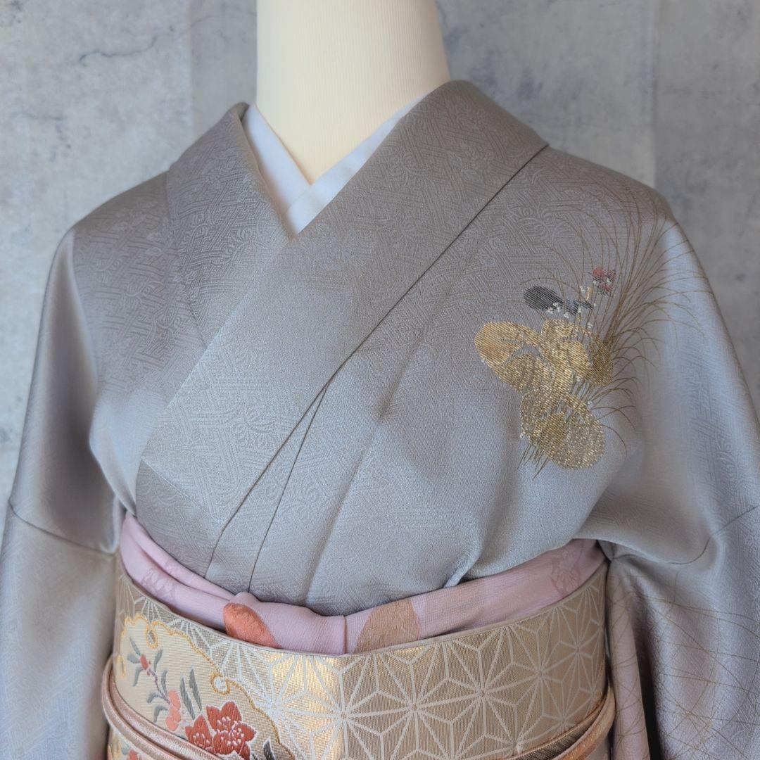 訪問着　フルセット　付け下げ　着物　正絹　シルバーグレー　金　花　O5