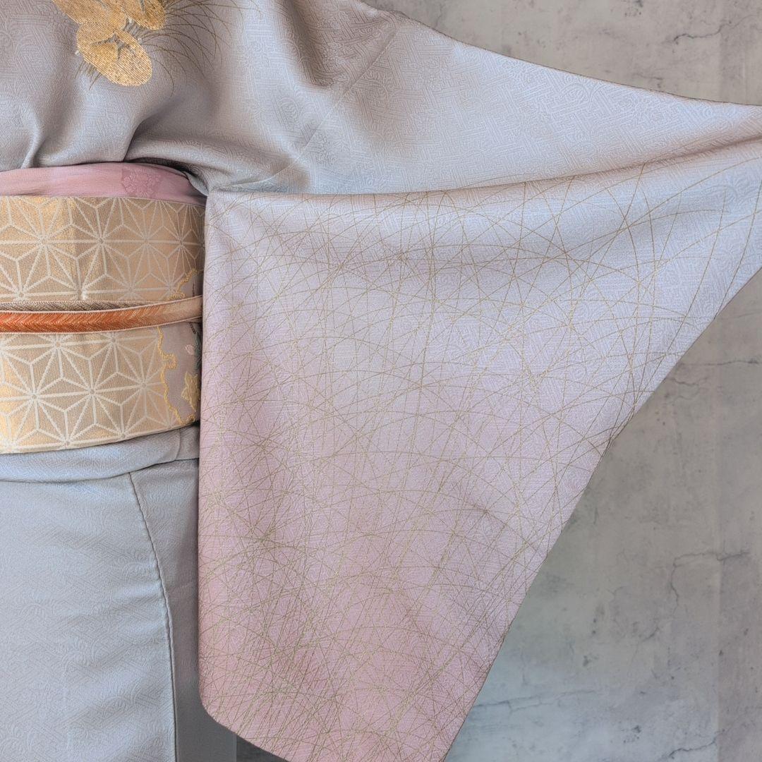 訪問着　フルセット　付け下げ　着物　正絹　シルバーグレー　金　花　O5