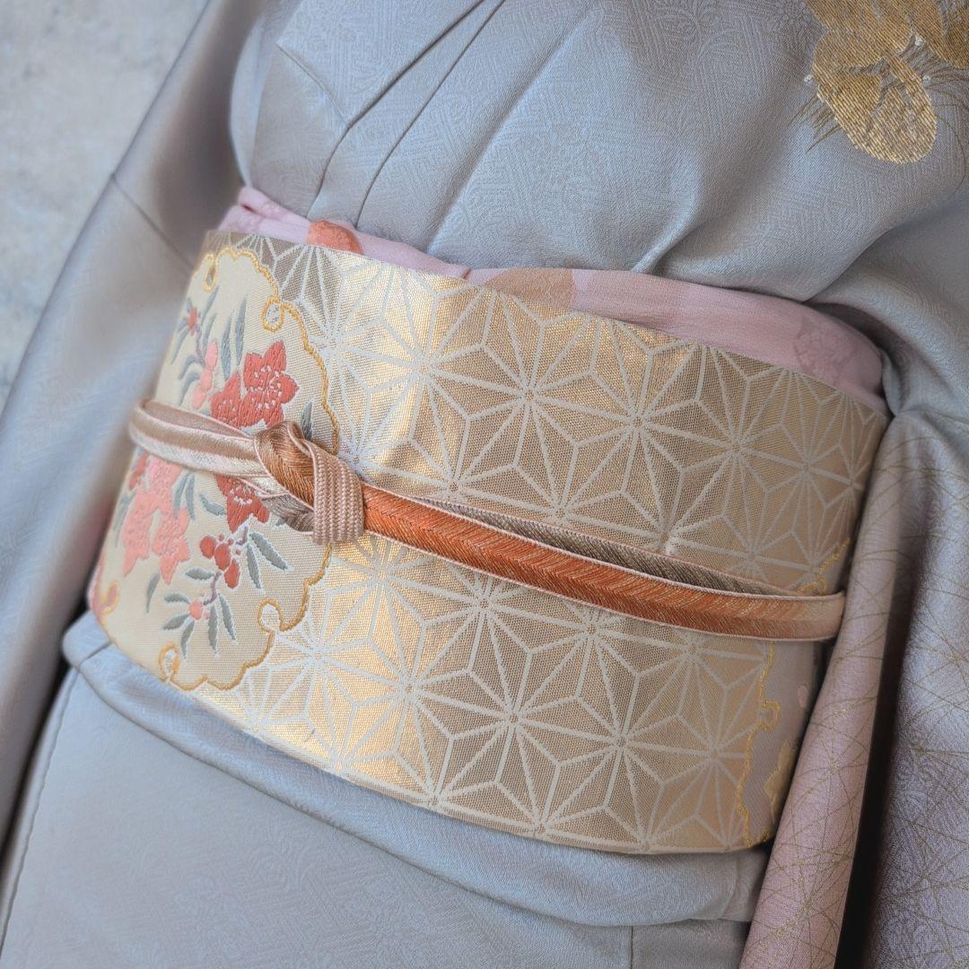 訪問着　フルセット　付け下げ　着物　正絹　シルバーグレー　金　花　O5