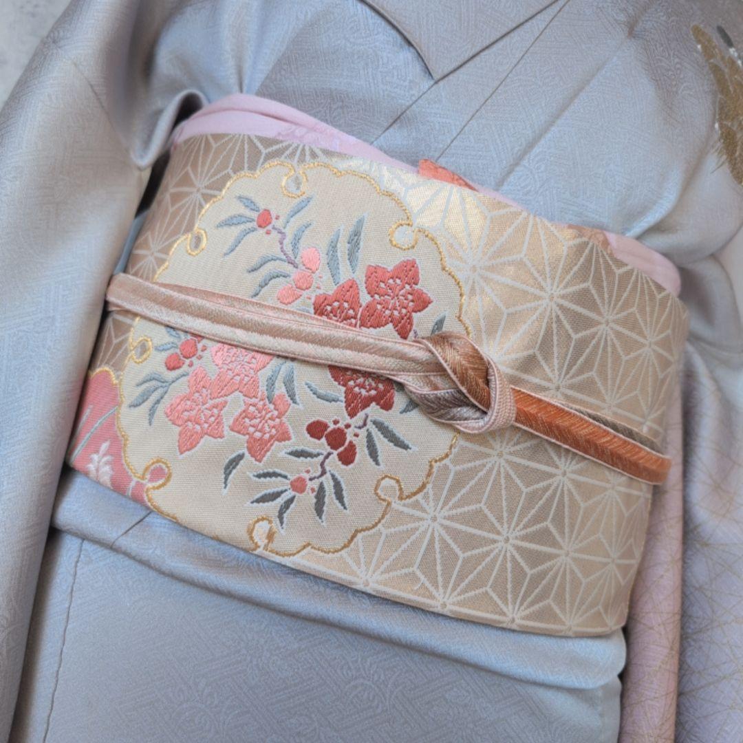 訪問着　フルセット　付け下げ　着物　正絹　シルバーグレー　金　花　O5