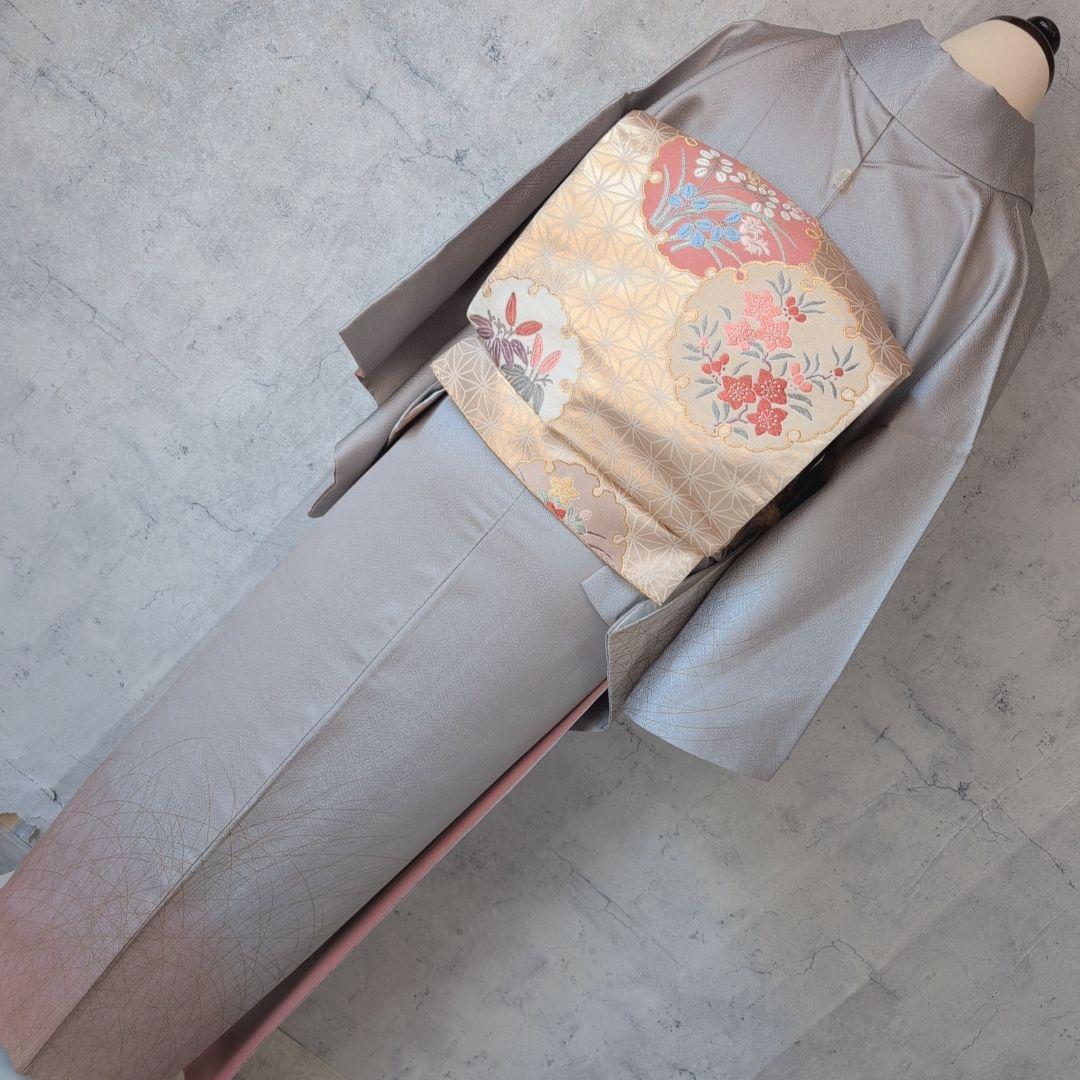 訪問着　フルセット　付け下げ　着物　正絹　シルバーグレー　金　花　O5