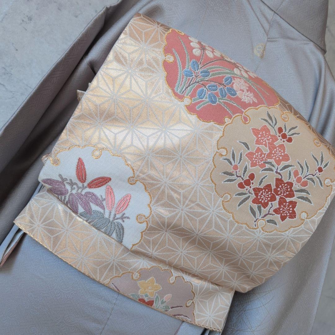 訪問着　フルセット　付け下げ　着物　正絹　シルバーグレー　金　花　O5