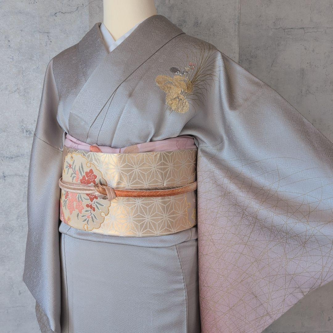 訪問着　フルセット　付け下げ　着物　正絹　シルバーグレー　金　花　O5
