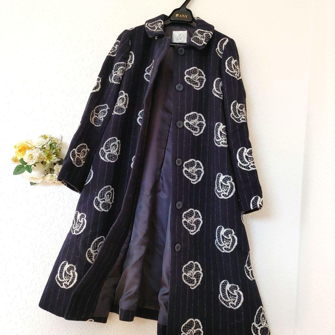 美品 サリースコット 花 刺繍 ロングコート 11号 L ミナペルホネン