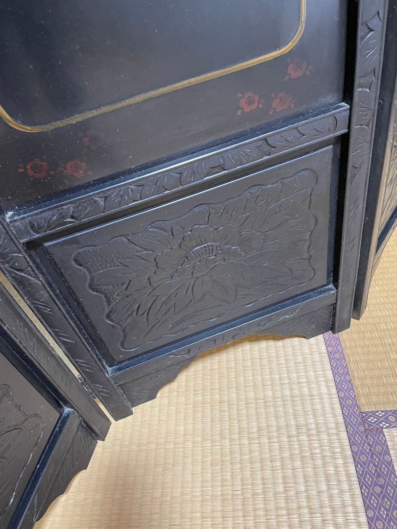 螺鈿細工 四曲屏風 大型 木製 アンティーク 和家具 インテリア