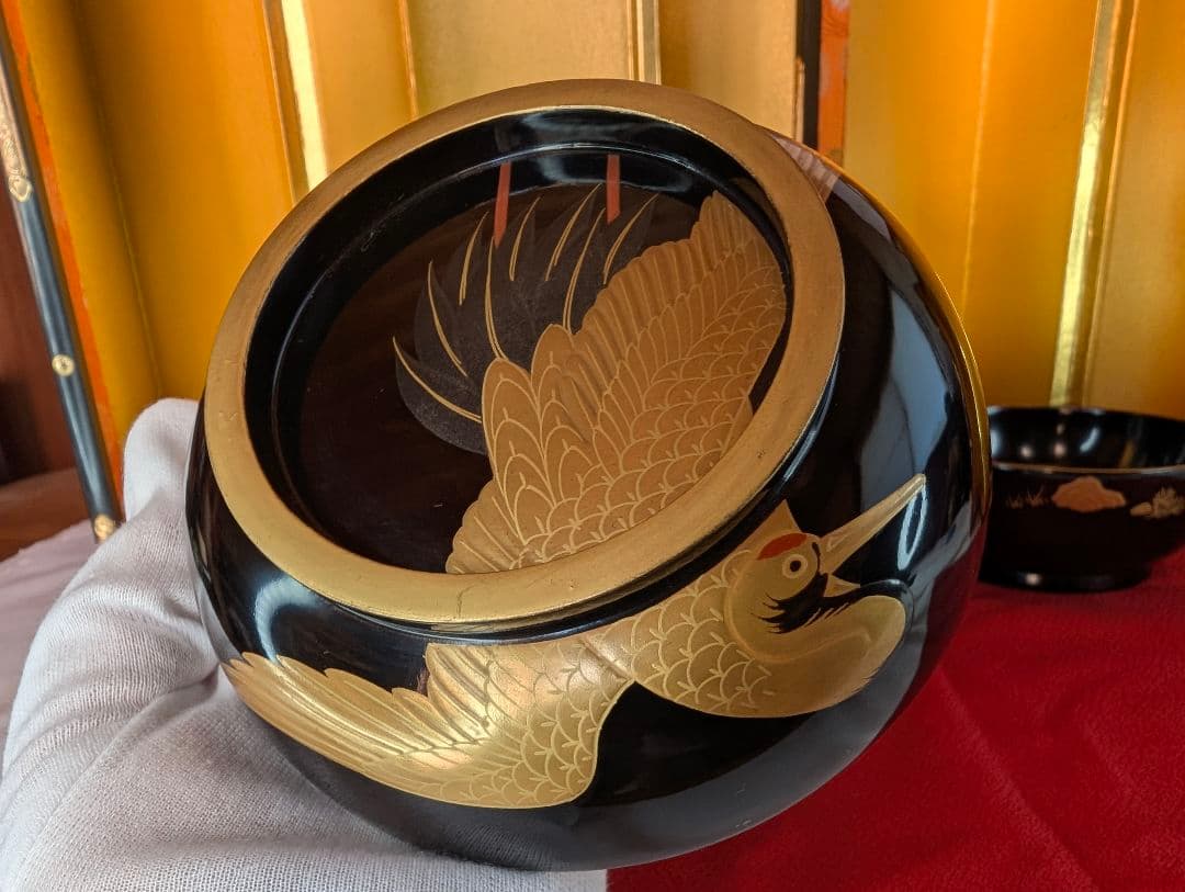 明治時代 輪島塗 金蒔絵 椀 2客 鶴亀 お正月用 木製 汁椀 菓子椀 漆器
