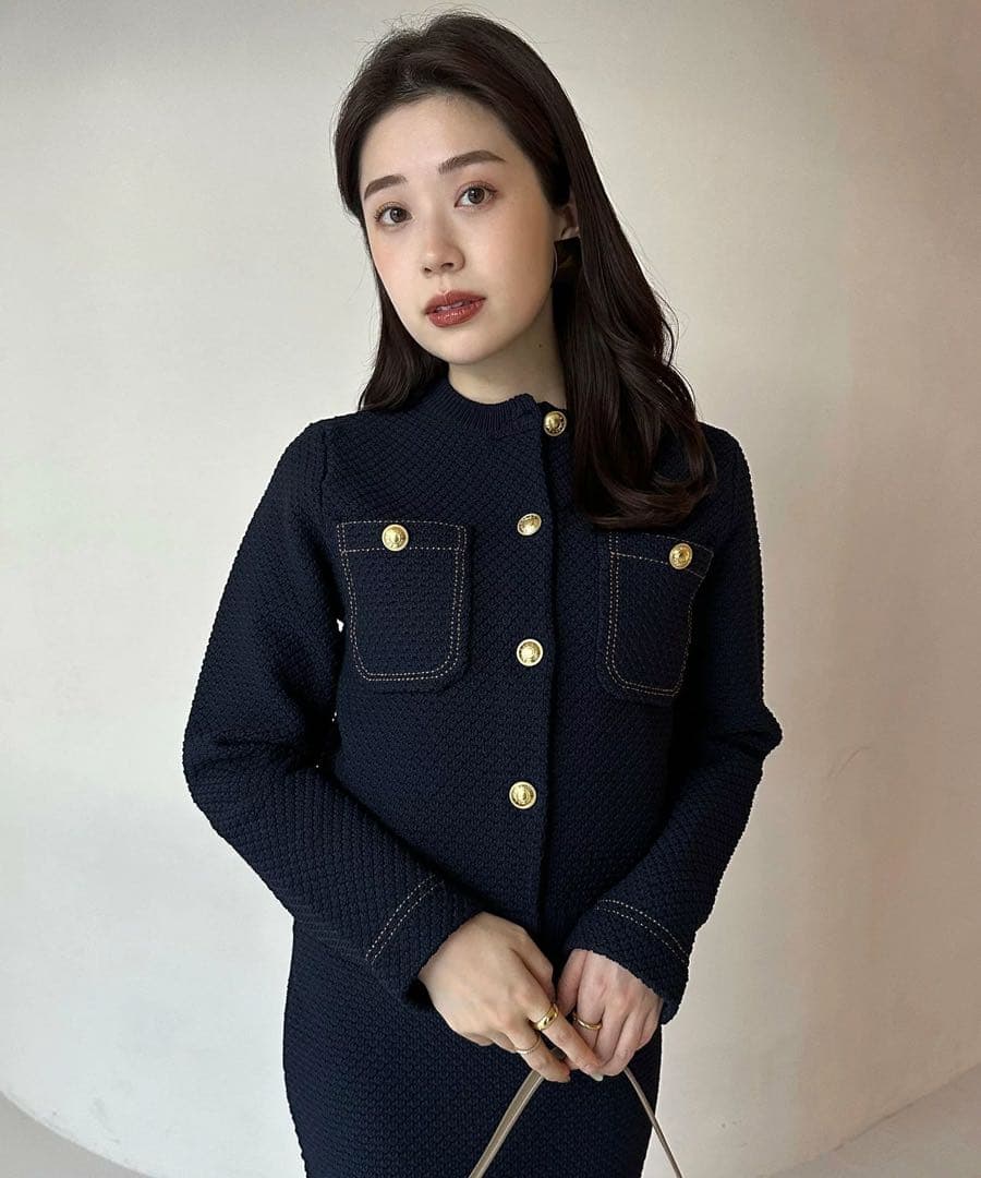 anuansノーカラーニットジャケット 　ネイビー S