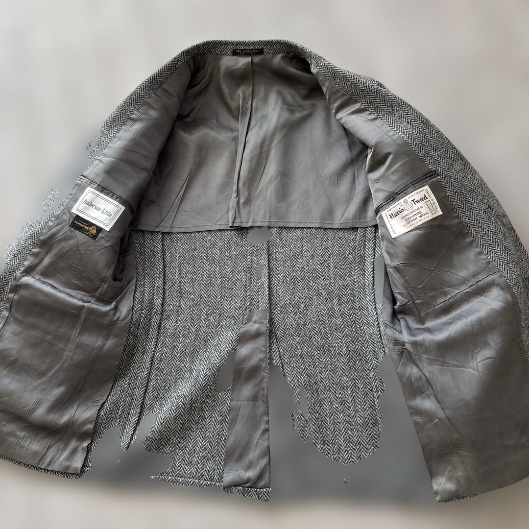美品【ヘリンボーン 】アメリカ製　ハリスツイード　テーラードL 灰　毛　くるみB